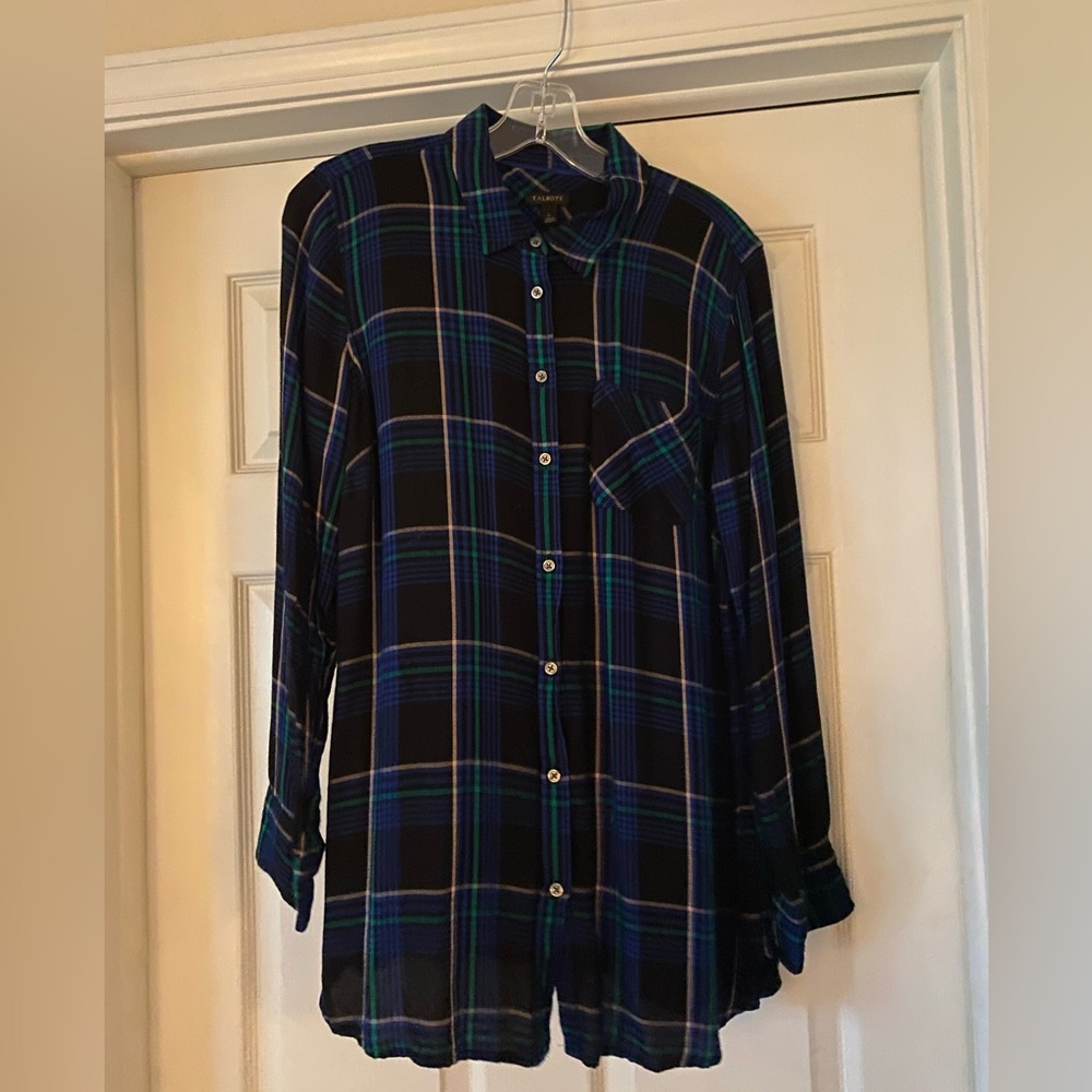 Talbots tunic length tartan button down size large
